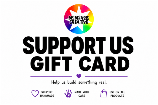 Gift card with 'Support Us' text and Memrable Creative logo on a white background